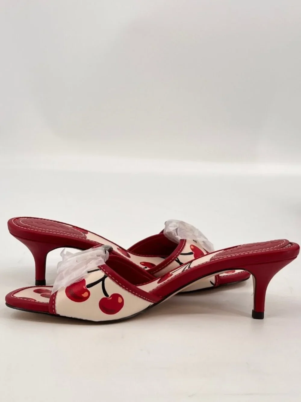 COACH Margot Sandal Red Cherry Print Leather Buckle Strap Kitten Size 6 - Picture 9 of 16